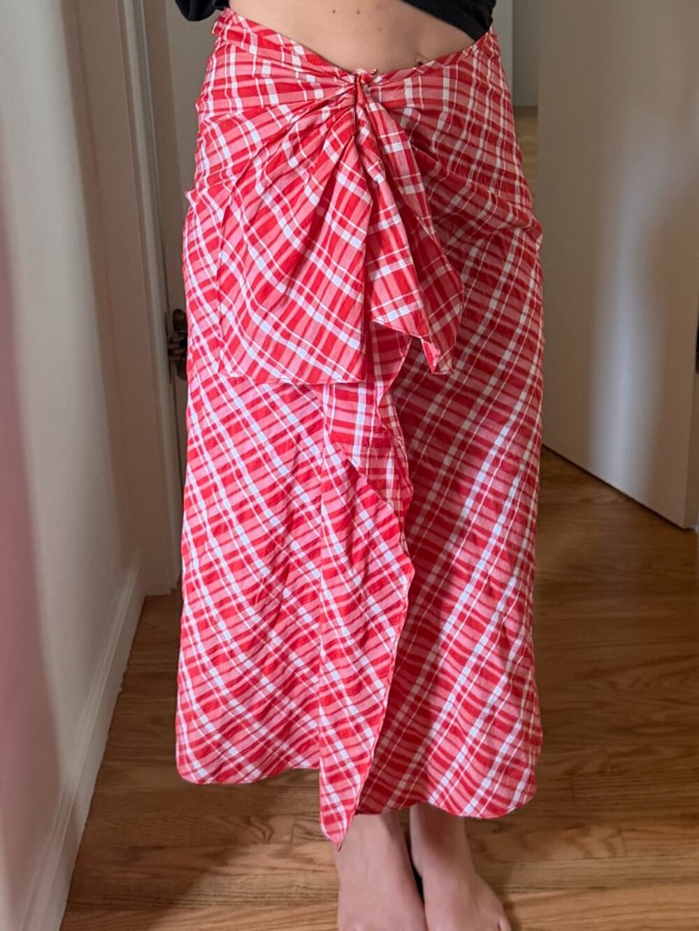 Zara ZW Collection Red Plaid Midi Skirt